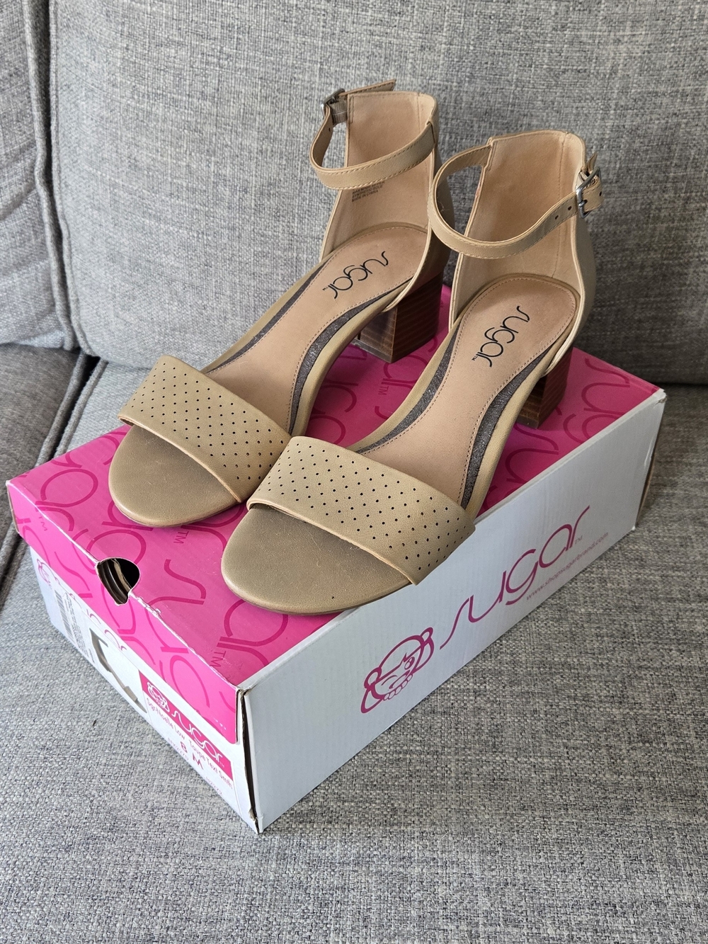 Sugar Noelle Beige Ankle-Strap Block Heel Sandals